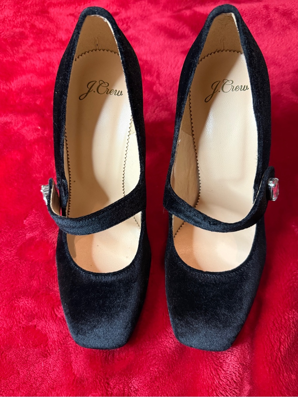 J. Crew Black Velvet Mary Jane Block Heels Crystal Jewel Buckle Coquette Size 7
